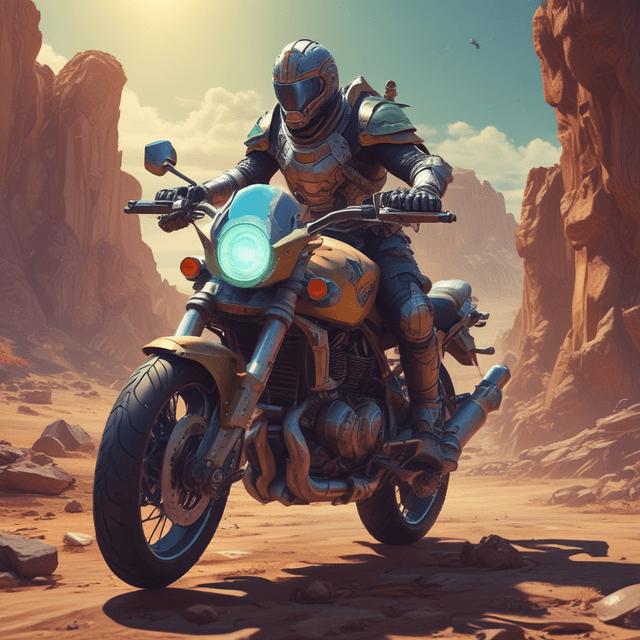 Basic 2 - Subject: A knight rides a motorcycle,Environment: A rocky alien planet,Style: Anime style,Camera angle: Wide-angle shot.