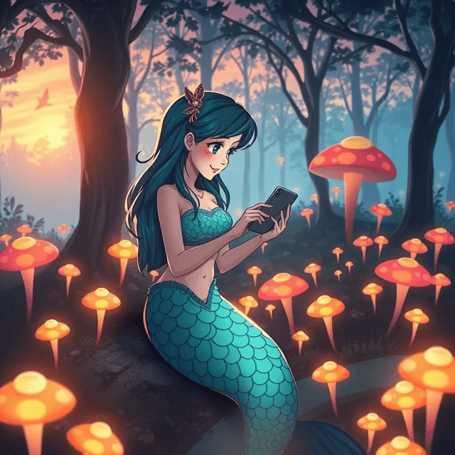 Basic 1 - A mermaid using a smartphone, environment: Enchanted forest with glowing mushrooms, Anime style, Sunset lighting, Wide-angle shot.