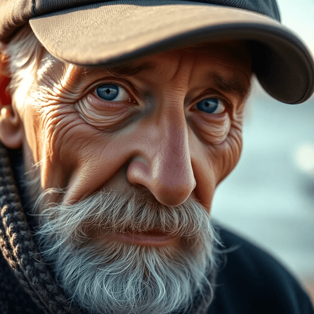 Basic 1 - Photograph, close-up of an elderly man with weathered skin, piercing blue eyes, and a gray beard. He's wearing a fisherman's cap and a cozy wool sweater. Soft natural lighting, detailed wrinkles and skin texture, outdoor setting with blurred seaside background.