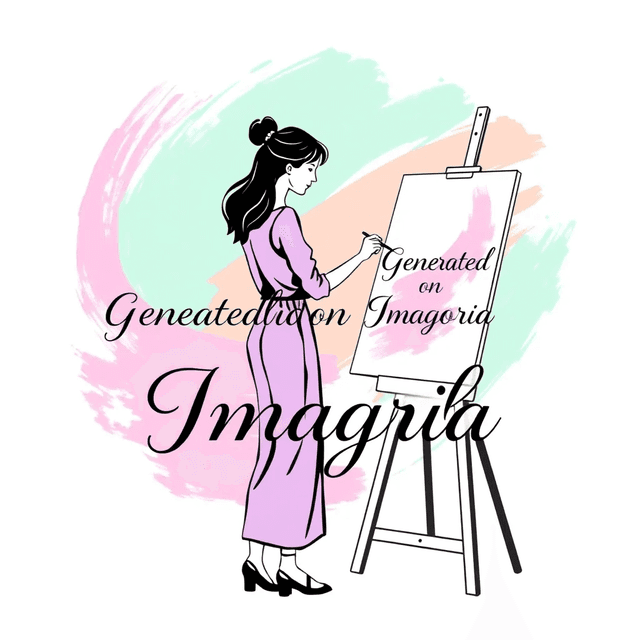 Basic 1 - A witty and playful design featuring a female painter at an easel, with vibrant brush strokes on the canvas. Visual Elements: A woman painting on a large canvas, surrounded by abstract, flowing brush strokes in soft, pastel colors. Text: “Generated on Imagoria” in bold, elegant script. Color Palette: Lavender, peach, and mint green, giving the design a soft, dreamy feel.