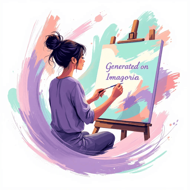 Premium 1 - A witty and playful design featuring a female painter at an easel, with vibrant brush strokes on the canvas. Visual Elements: A woman painting on a large canvas, surrounded by abstract, flowing brush strokes in soft, pastel colors. Text: “Generated on Imagoria” in bold, elegant script. Color Palette: Lavender, peach, and mint green, giving the design a soft, dreamy feel.