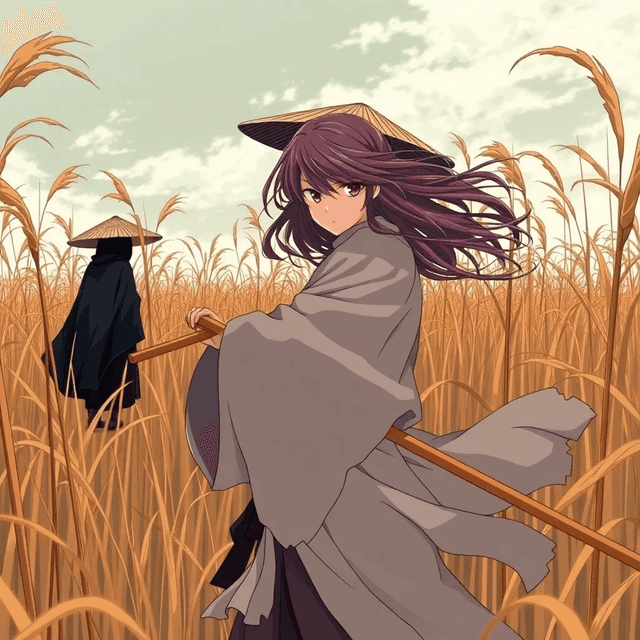 Basic 1 - Retro anime style, In a dense field of swaying reeds, a female samurai stands ready for confrontation, gripping a long bamboo staff with both hands. Her eyes are fixed on a distant figure,a mysterious opponent draped in a black cloak and wearing a wide-brimmed bamboo hat.