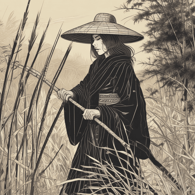 Basic 2 - Retro anime style, In a dense field of swaying reeds, a female samurai stands ready for confrontation, gripping a long bamboo staff with both hands. Her eyes are fixed on a distant figure,a mysterious opponent draped in a black cloak and wearing a wide-brimmed bamboo hat.