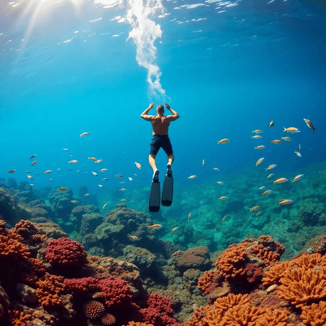 Basic 1 - lush green forest, Mountains, Bright sunlight illuminates the crystal-clear water, (deep underwater), anime, half above water and half below water, (clear underwater), beautiful sky with clouds and smoke, tropical fish, depth.