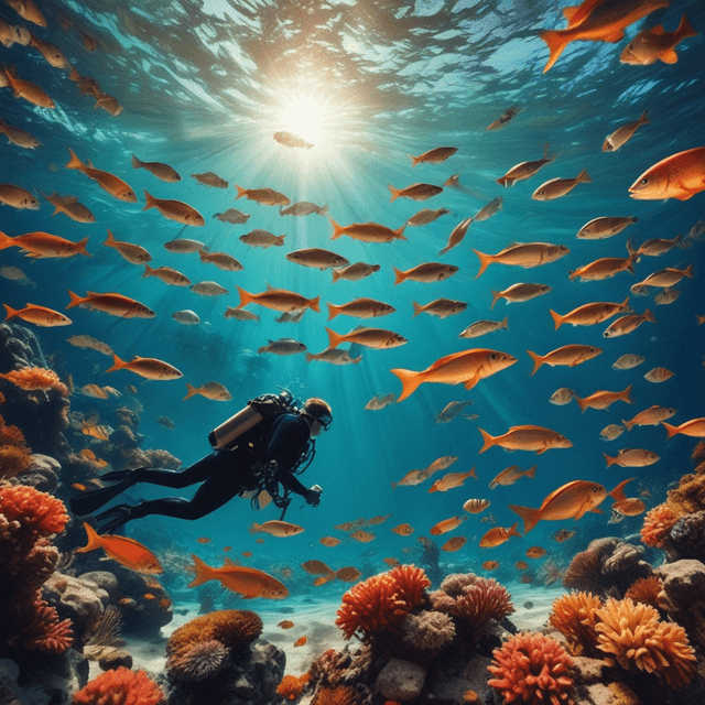 Basic 2 - lush green forest, Mountains, Bright sunlight illuminates the crystal-clear water, (deep underwater), anime, half above water and half below water, (clear underwater), beautiful sky with clouds and smoke, tropical fish, depth.