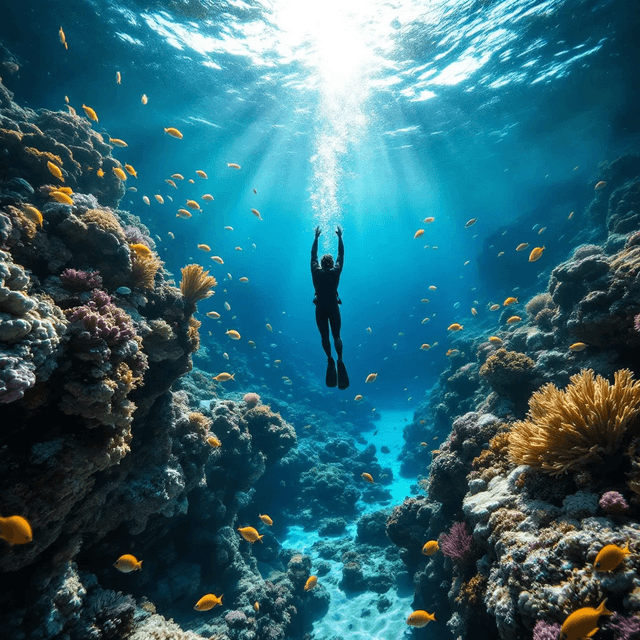 Premium 1 - lush green forest, Mountains, Bright sunlight illuminates the crystal-clear water, (deep underwater), anime, half above water and half below water, (clear underwater), beautiful sky with clouds and smoke, tropical fish, depth.