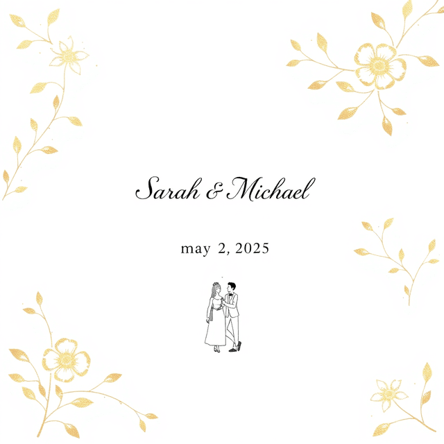 Basic 1 - A elegant wedding invitation image design. The image features a minimalist floral pattern with delicate gold foil accents on a cream background. In the center, elegant calligraphy announces 'Sarah & Michael' with the wedding date below "may 2 2025", with a minimalist drawing of newlyweds below . Soft pastel colors complement the design, creating a romantic and sophisticated atmosphere.