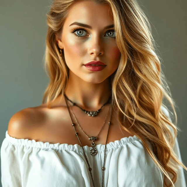 Basic 1 - Create a captivating portrait of a voluptuous boho woman with green eyes and long wavy blonde hair. Her expression is contemplative, reflecting a moment of deep thought. She wears a white-colored, off-shoulder linen satin dresscomplemented by a necklace and various boho jewelry.